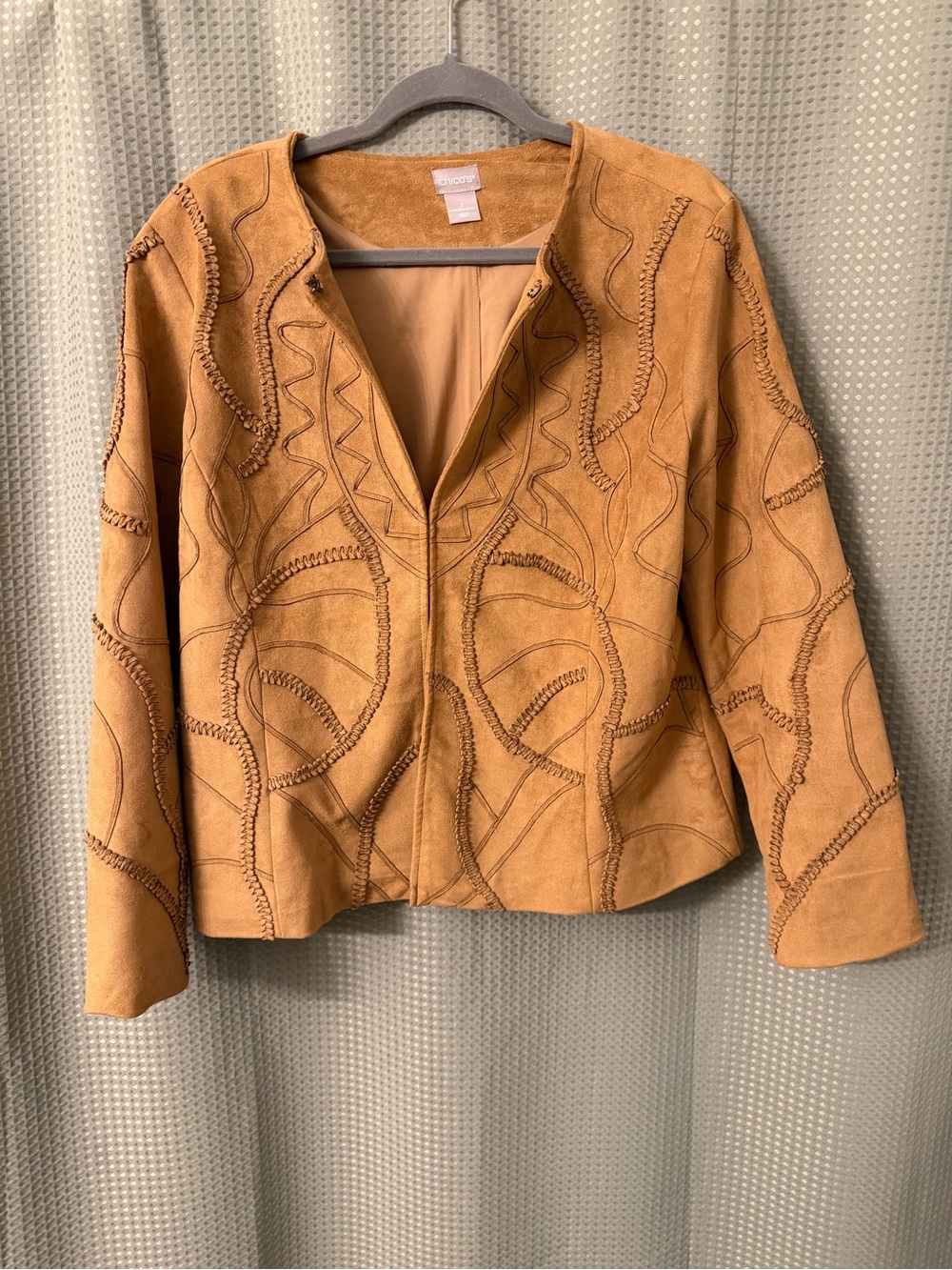 St. John Caramel Suede Appliqué Open-Front Jacket